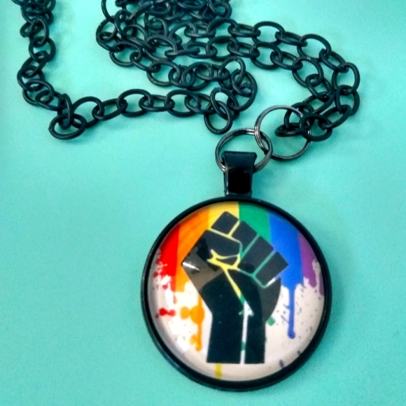 Handmade Rainbow Revolution Fist Necklace on 24" Black Chain - Picture 2 of 5